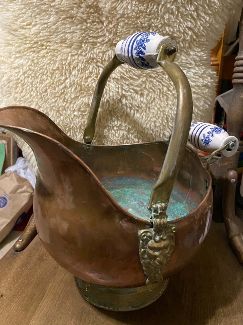 Antique-Style Copper Coal Hod with Porcelain-Handled Bail